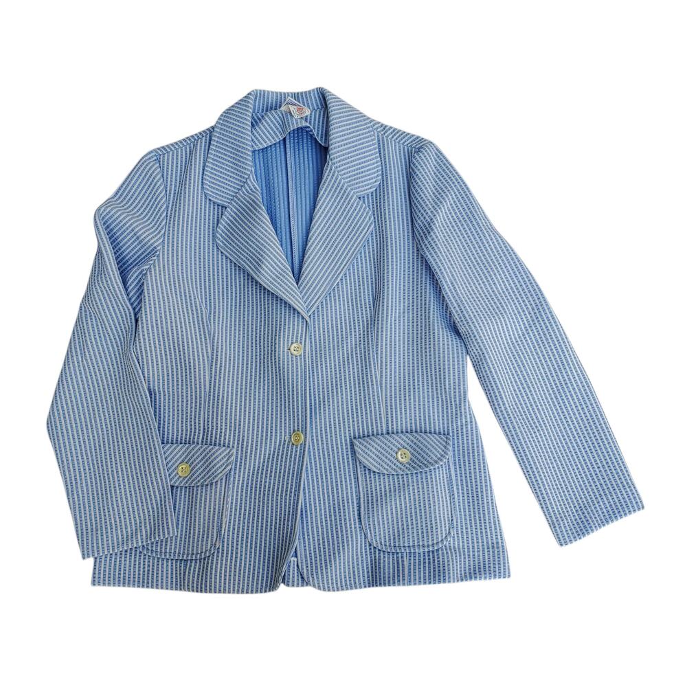 Vintage Bay Harbour Seersucker Blazer Jacket Blue White Stripe Unlined Size 16